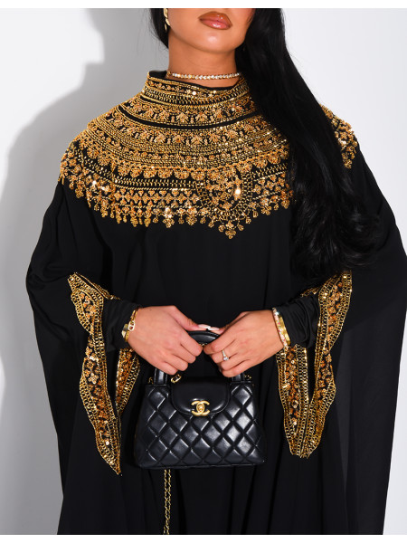 Abaya en mousseline ornée de strass & sequins et doublure assortie