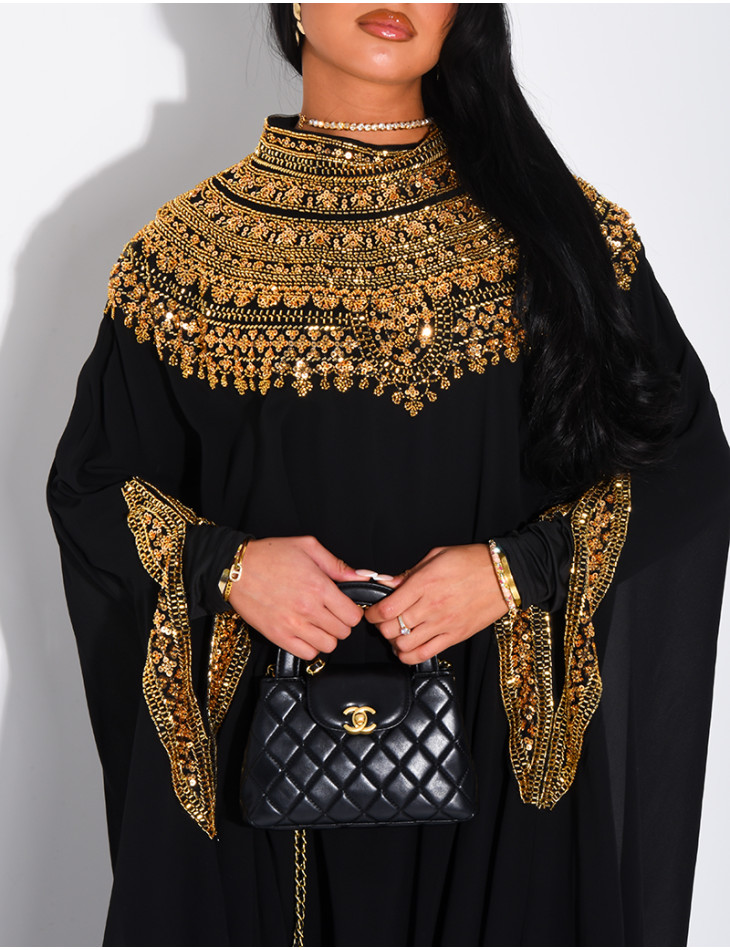 Abaya en mousseline ornée de strass & sequins et doublure assortie