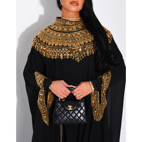 Abaya en mousseline ornée de strass & sequins et doublure assortie