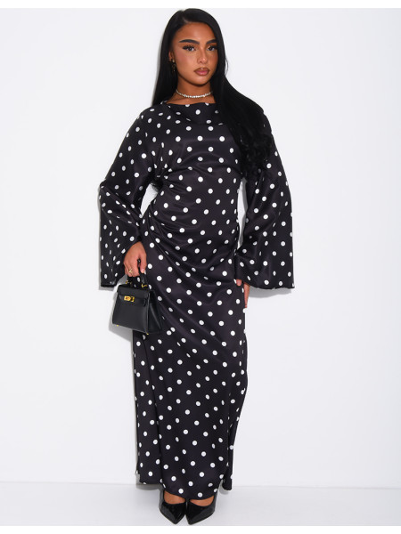 Langes Satin-Kleid mit Punkten, das am Rücken gebunden wird