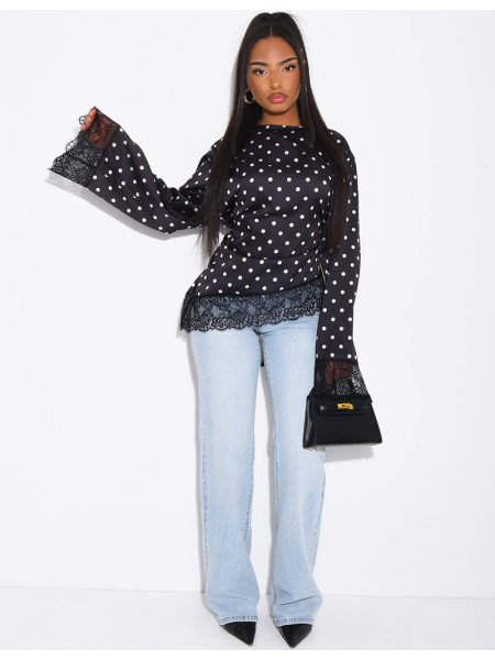 Top à pois satiné manches longues noué dans le dos à bords en dentelle