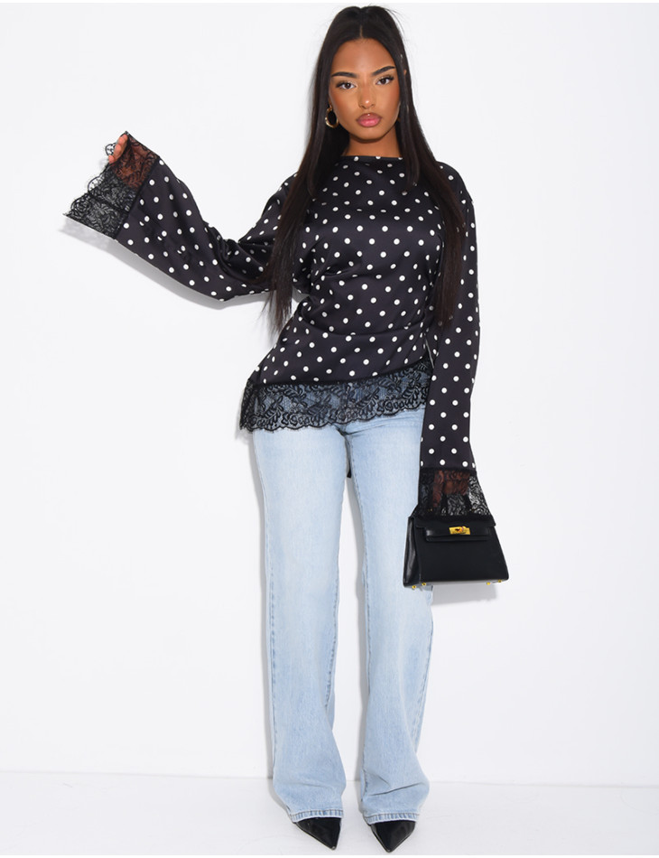 Top à pois satiné manches longues noué dans le dos à bords en dentelle