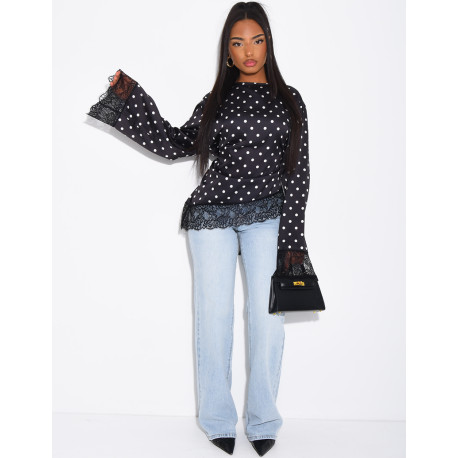 Top à pois satiné manches longues noué dans le dos à bords en dentelle
