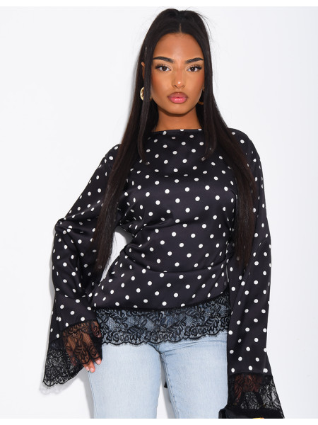 Top à pois satiné manches longues noué dans le dos à bords en dentelle