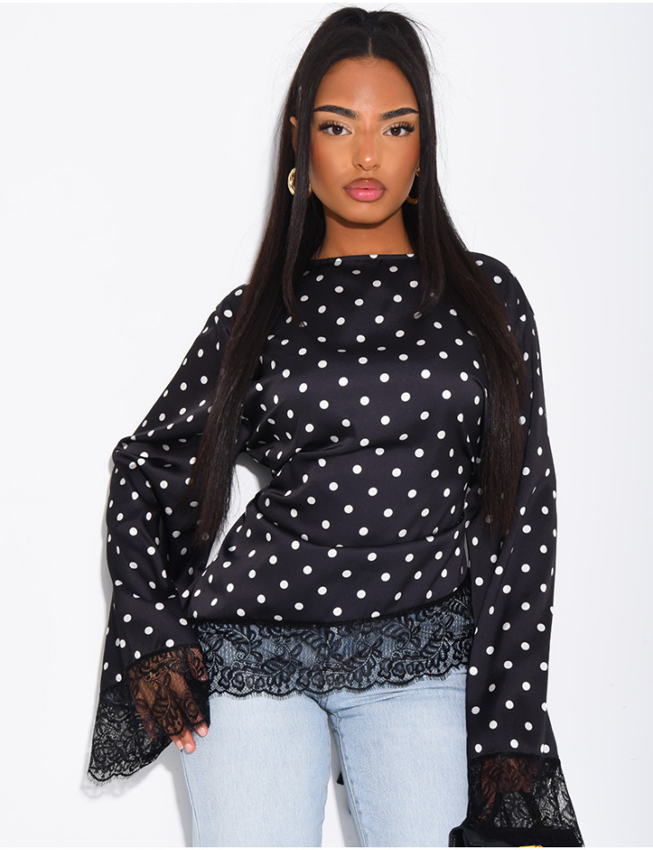 Top à pois satiné manches longues noué dans le dos à bords en dentelle