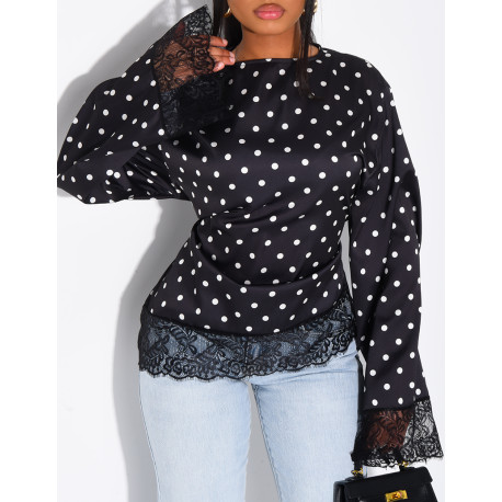 Top à pois satiné manches longues noué dans le dos à bords en dentelle