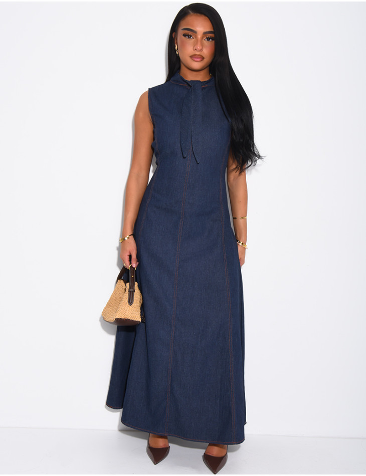 Robe longue sans manche évasée à nouer au col