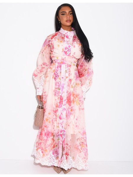 Langes Kleid aus Voile mit Blumenmuster, Strassknöpfen, passendem Gürtel und Futter