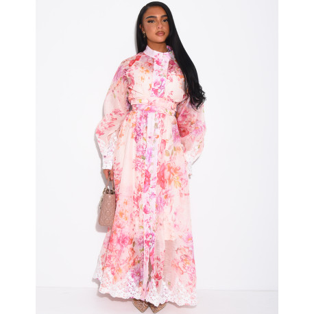 Langes Kleid aus Voile mit Blumenmuster, Strassknöpfen, passendem Gürtel und Futter