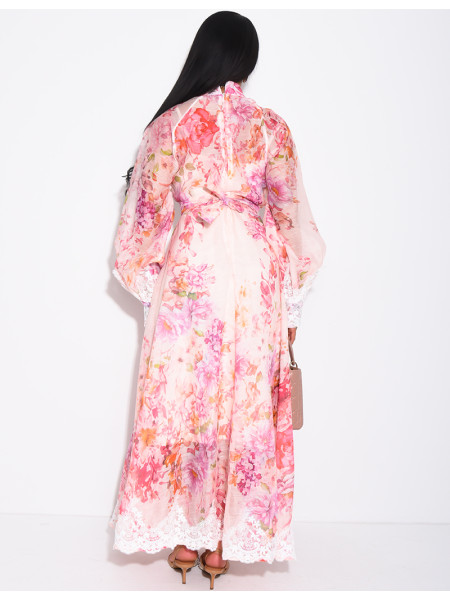 Langes Kleid aus Voile mit Blumenmuster, Strassknöpfen, passendem Gürtel und Futter