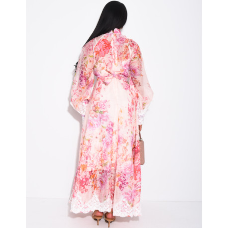 Langes Kleid aus Voile mit Blumenmuster, Strassknöpfen, passendem Gürtel und Futter