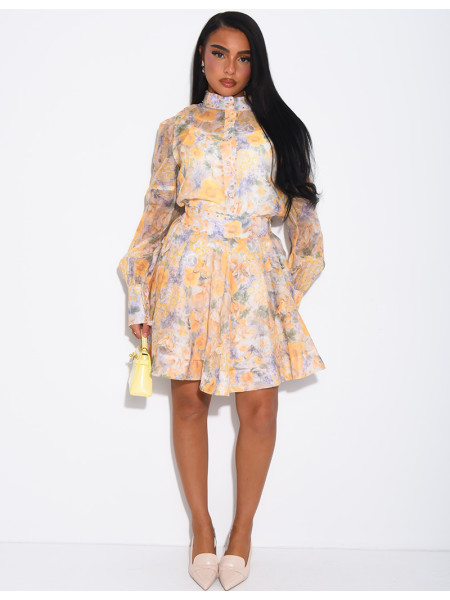 Ensemble 3 pièces en voile imprimés & perles dorées jupe courte, blouse et débardeur