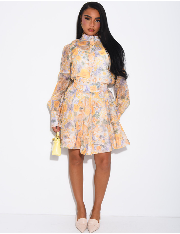 Ensemble 3 pièces en voile imprimés & perles dorées jupe courte, blouse et débardeur