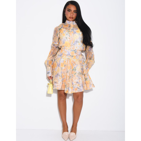 Ensemble 3 pièces en voile imprimés & perles dorées jupe courte, blouse et débardeur