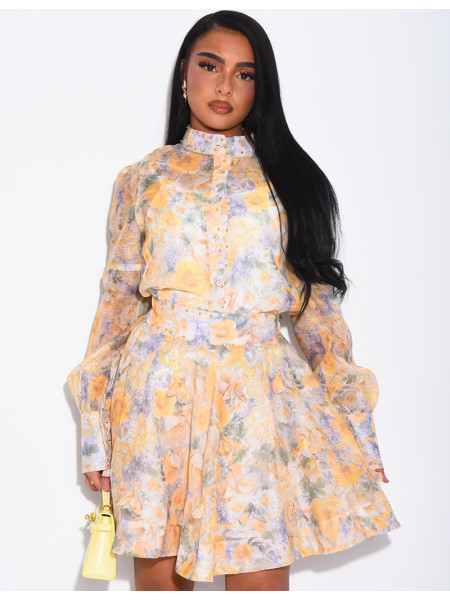 Ensemble 3 pièces en voile imprimés & perles dorées jupe courte, blouse et débardeur