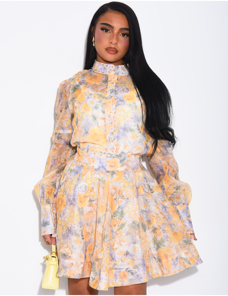 Ensemble 3 pièces en voile imprimés & perles dorées jupe courte, blouse et débardeur