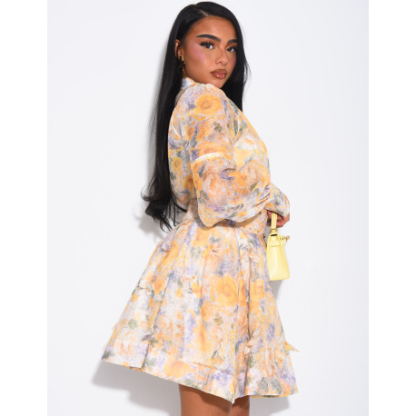 Ensemble 3 pièces en voile imprimés & perles dorées jupe courte, blouse et débardeur