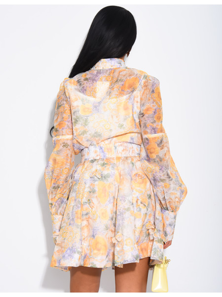 Ensemble 3 pièces en voile imprimés & perles dorées jupe courte, blouse et débardeur