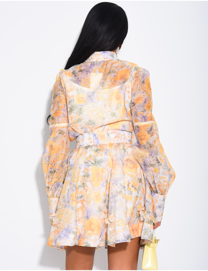 Ensemble 3 pièces en voile imprimés & perles dorées jupe courte, blouse et débardeur