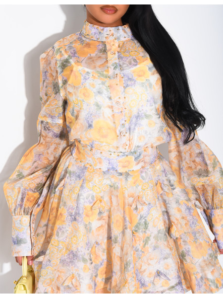 Ensemble 3 pièces en voile imprimés & perles dorées jupe courte, blouse et débardeur