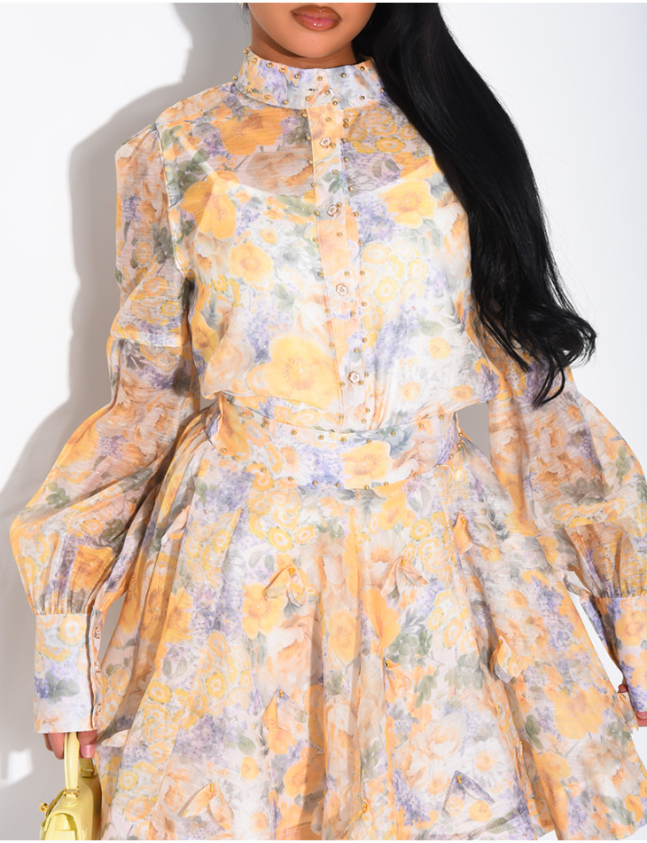 Ensemble 3 pièces en voile imprimés & perles dorées jupe courte, blouse et débardeur