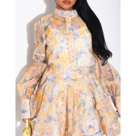 Ensemble 3 pièces en voile imprimés & perles dorées jupe courte, blouse et débardeur