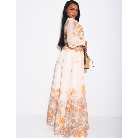 Ensemble 3 pièces en voile imprimés jupe longue, blouse et débardeur