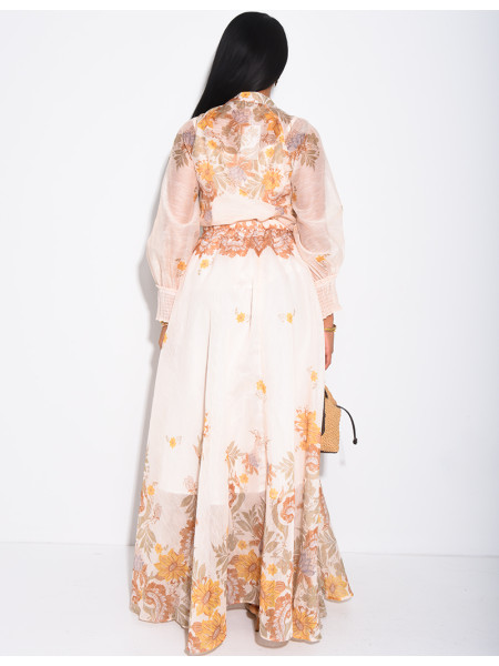 Ensemble 3 pièces en voile imprimés jupe longue, blouse et débardeur