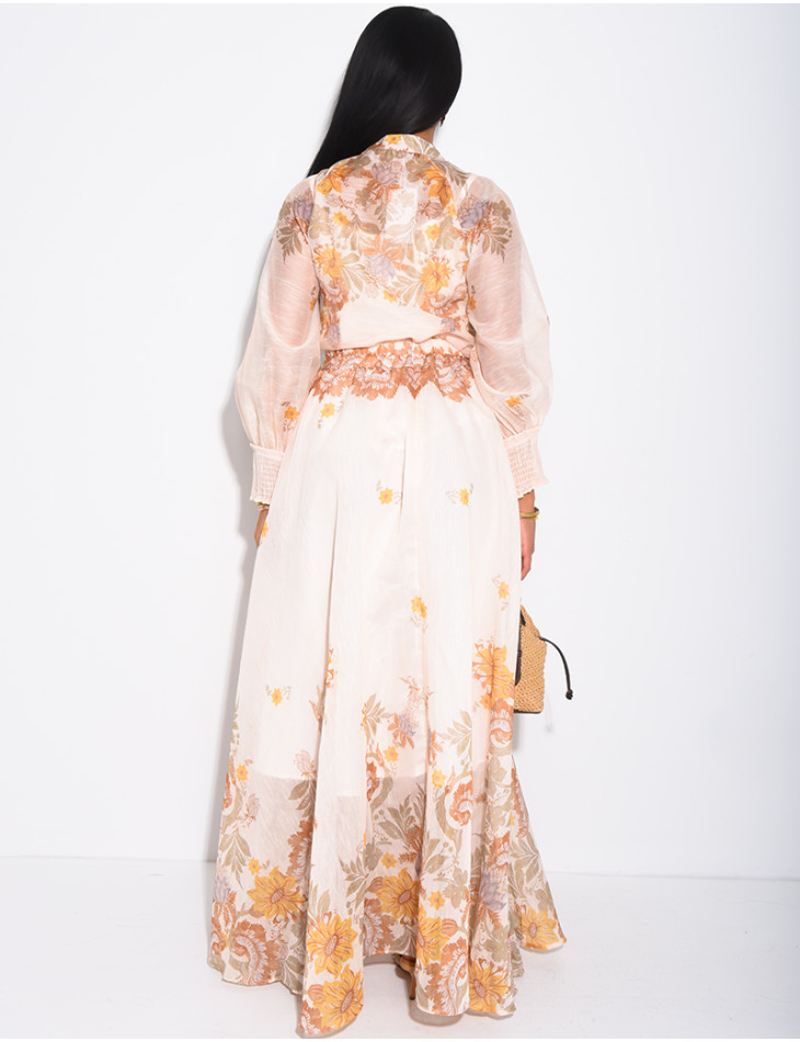 Ensemble 3 pièces en voile imprimés jupe longue, blouse et débardeur