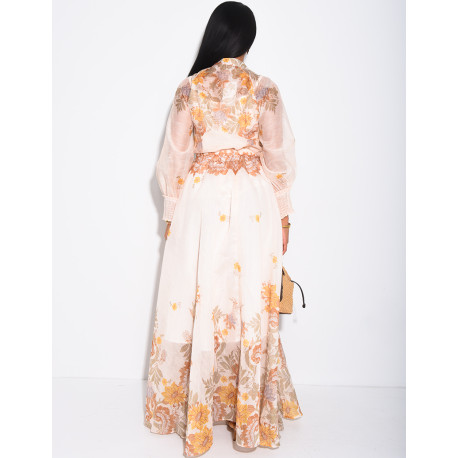 Ensemble 3 pièces en voile imprimés jupe longue, blouse et débardeur