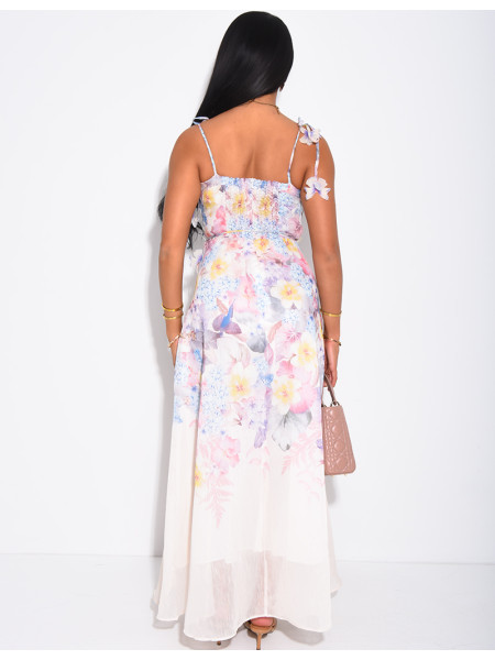 Langes, mit Blumen bedrucktes Kleid mit Strassverzierung, trägerlosem Ausschnitt und Schmetterlingsgürtel