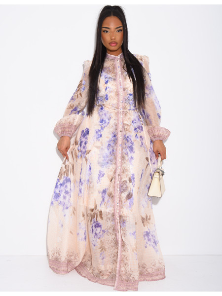 Langes Kleid aus Voile mit Blumenprint und herabhängenden Einsätzen, Knöpfen, passendem Gürtel und Futter