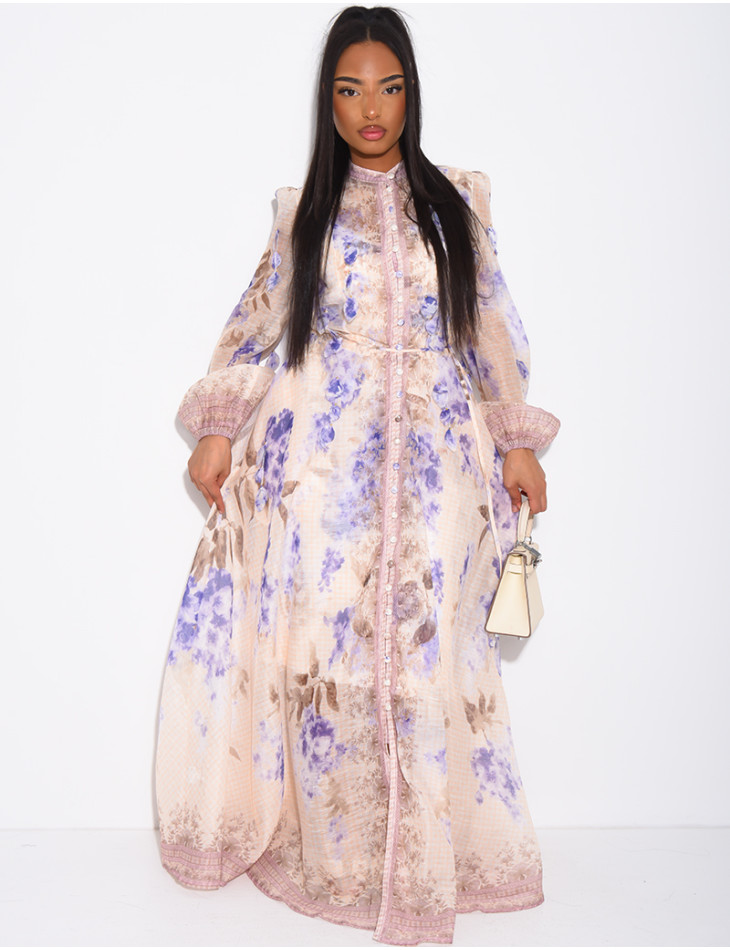 Langes Kleid aus Voile mit Blumenprint und herabhängenden Einsätzen, Knöpfen, passendem Gürtel und Futter