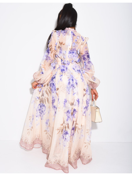 Langes Kleid aus Voile mit Blumenprint und herabhängenden Einsätzen, Knöpfen, passendem Gürtel und Futter