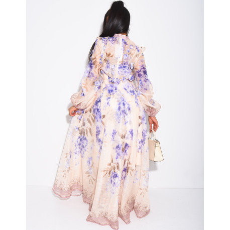 Langes Kleid aus Voile mit Blumenprint und herabhängenden Einsätzen, Knöpfen, passendem Gürtel und Futter