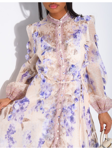 Langes Kleid aus Voile mit Blumenprint und herabhängenden Einsätzen, Knöpfen, passendem Gürtel und Futter