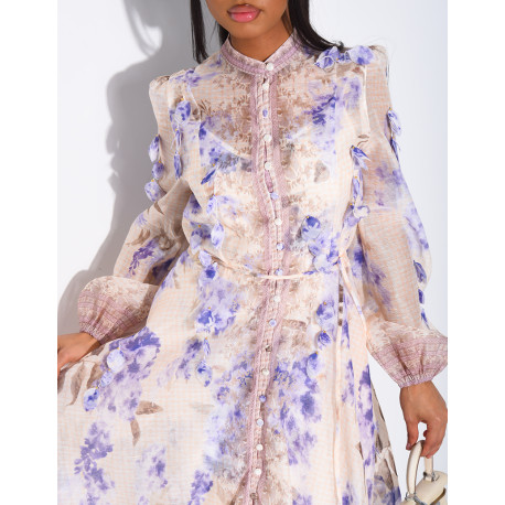 Langes Kleid aus Voile mit Blumenprint und herabhängenden Einsätzen, Knöpfen, passendem Gürtel und Futter