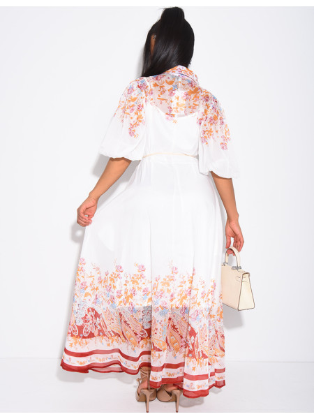 Set aus einem langen Kleid aus Voile mit Blumenprint und einem Unterkleid mit Gürtel