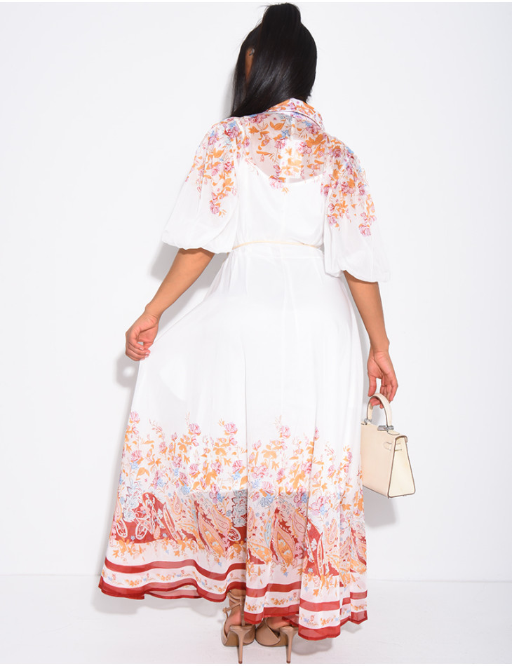 Set aus einem langen Kleid aus Voile mit Blumenprint und einem Unterkleid mit Gürtel