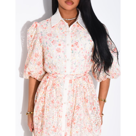 Kurzes Kleid aus bedruckter Spitze mit Knöpfen und passendem Gürtel