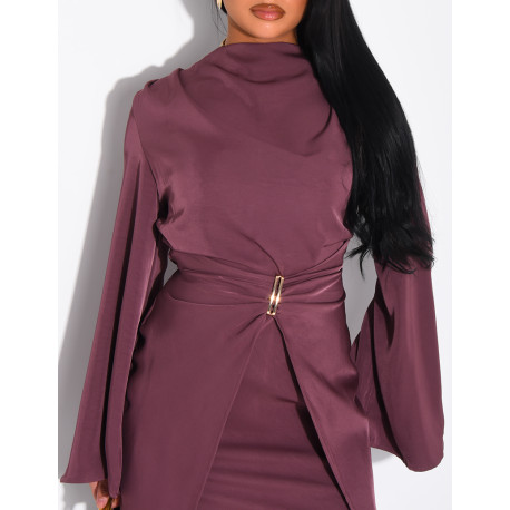 Langes Satin-Kleid im Überrock-Stil mit Schmuckverzierung an der Taille