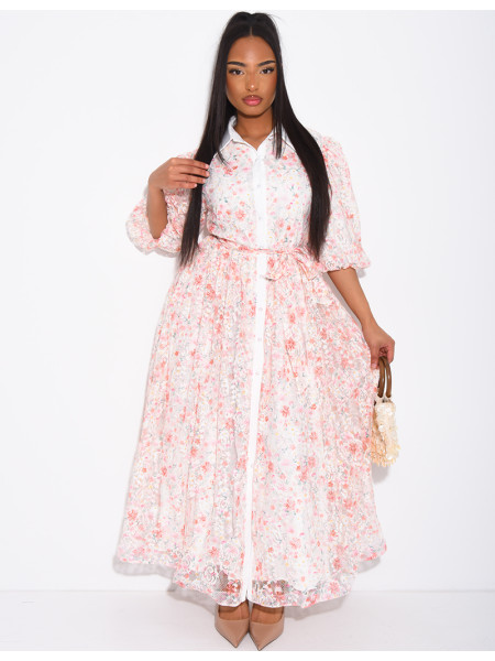 Langes Kleid aus bedruckter Spitze mit Knöpfen und passendem Gürtel