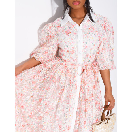 Langes Kleid aus bedruckter Spitze mit Knöpfen und passendem Gürtel