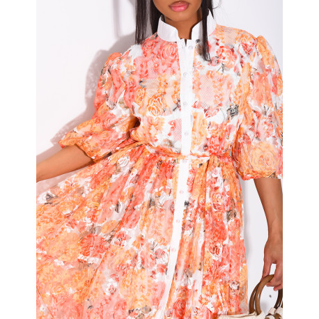 Langes Kleid aus bedruckter Spitze mit Knöpfen und passendem Gürtel