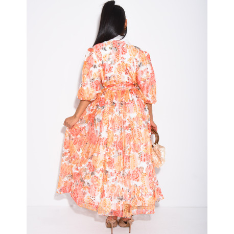 Langes Kleid aus bedruckter Spitze mit Knöpfen und passendem Gürtel