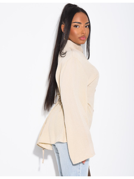 High-neck blouse with ties that fasten at the back