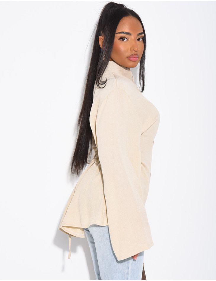 High-neck blouse with ties that fasten at the back