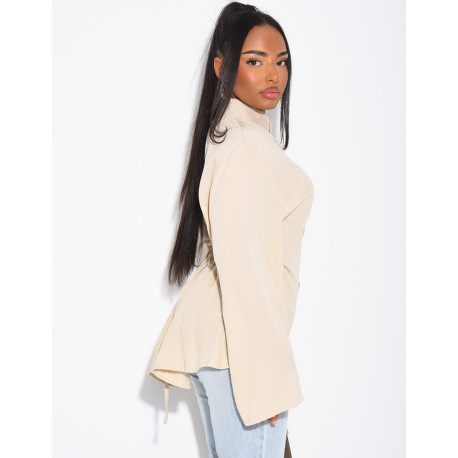 High-neck blouse with ties that fasten at the back