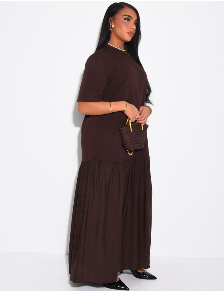 Robe t-shirt longue à empiècement en satin