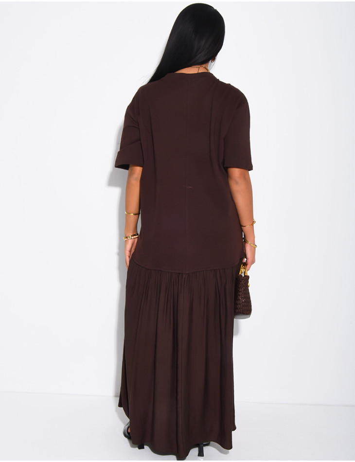 Robe t-shirt longue à empiècement en satin